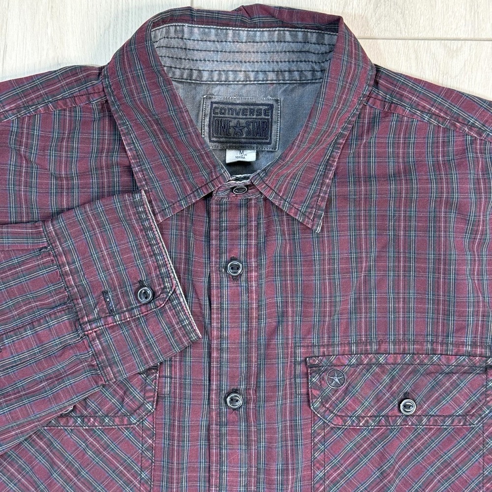 Converse One Star Red Plaid‎ Button Shirt Men's M Long Sleeve Pockets Cotton Y2K
